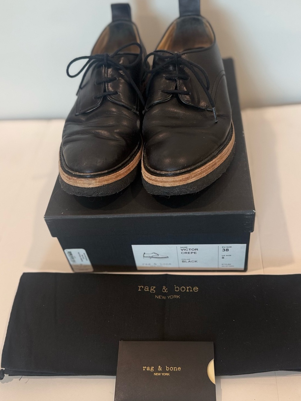 rag & bone Victor Crepe Black Leather Derby Shoes with Stacked Sole Women 38